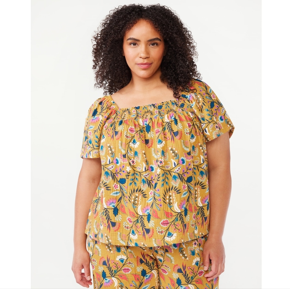 Joyspun Yellow Floral  Smocked Cotton Gauze Top Plus Size 2x 18 20